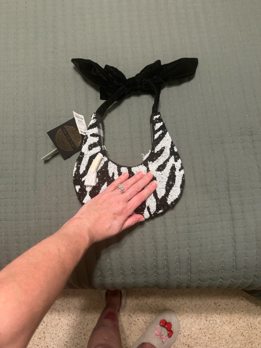 Zebra Beaded Crescent Hair Accessory with Black Tie